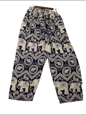 Lanna Clothes Design Elephant Print Rayon Pants Boho Wide Leg Thailand Sz L